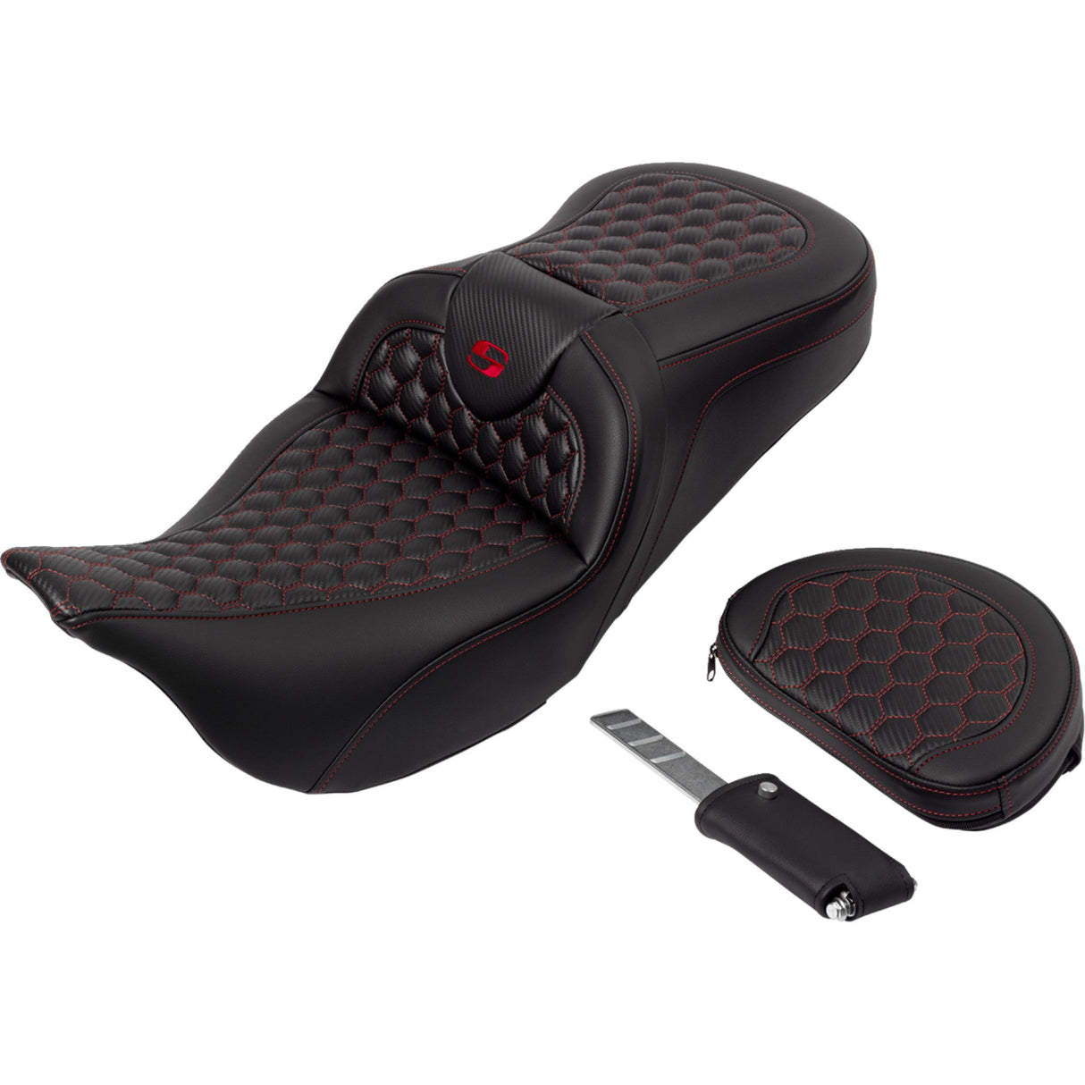 Saddlemen Honeycomb Roadsofa™ Seat Honeycomb Red Stitch With Backrest - 808-07B-189B4 For Harley Touring 2008-2025