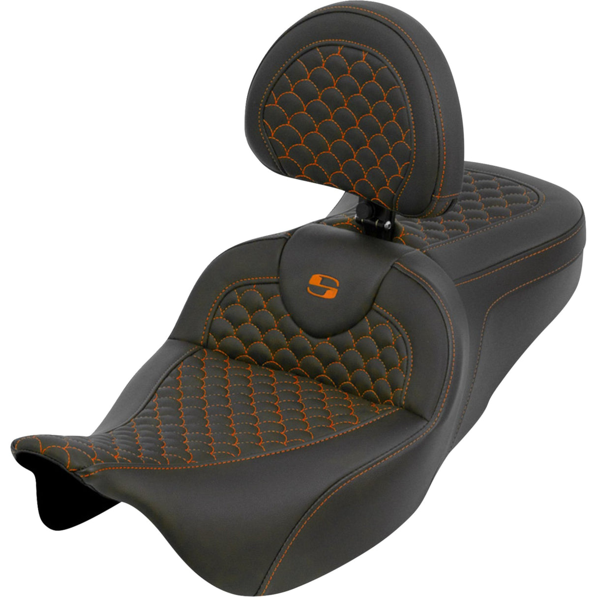 SADDLEMEN 0801-2275 808-07B-208B3 Dragon Scale Stitch RoadSofa™ Seat Roadsofa™ Seat - Dragon Scale - Orange Stitch - with Backrest - Touring '08-'25