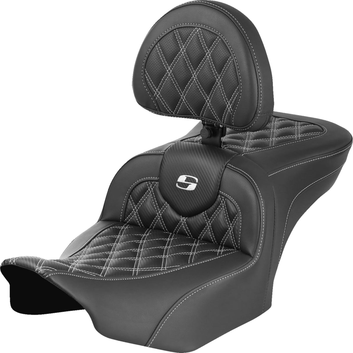 Saddlemen Roadsofa™ Lattice Stitch Seat With Backrest Carbon Fiber White Stitch - 823-07-206B6 For Harley Touring 2023-2026