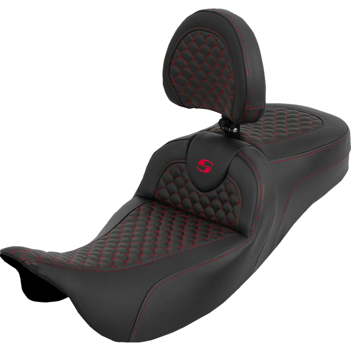 SADDLEMEN 0801-2283 808-07B-209B4 Dragon Scale Stitch RoadSofa™ Seat Extended Reach Roadsofa™ Seat - Dragon Scale - Red Stitch - with Backrest - Touring '08-'25