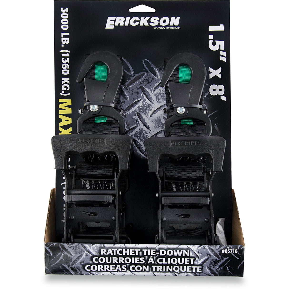 ERICKSON 3920-0405 05716 1-1/2" X 8' Ratchet Tie-Down Straps Ratchet Tie-Downs - 1-1/2" x 8' - Black