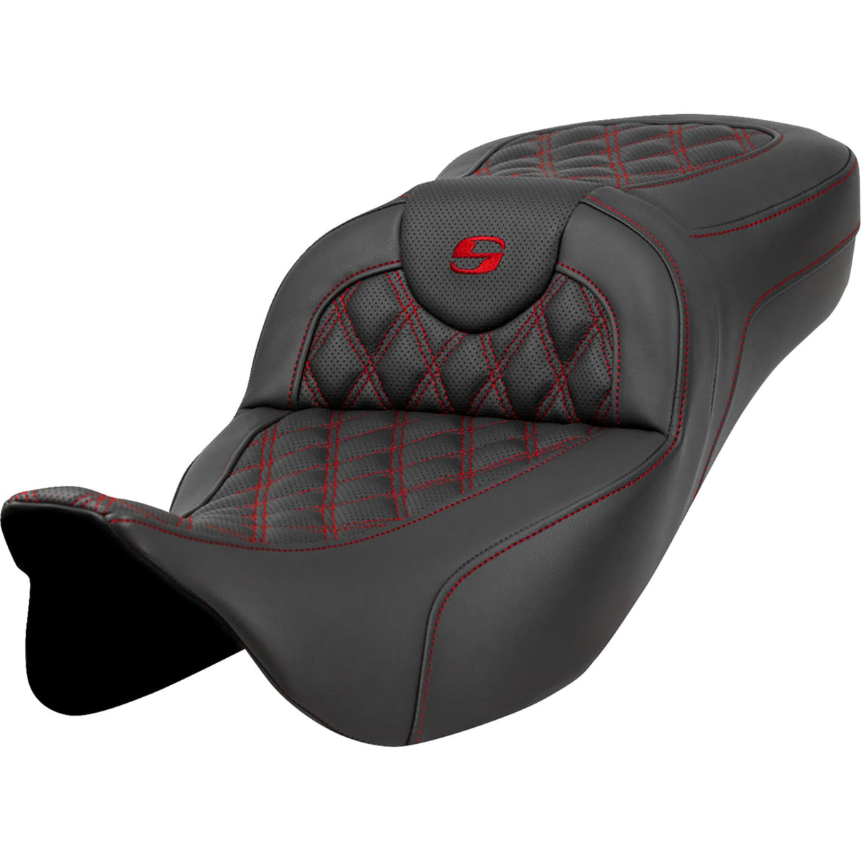 Saddlemen Extended Reach RoadSofa™ Seat Lattice Stitch Red Stitch Without Backrest - 808-07B-18404 For Harley Touring 2008-2025