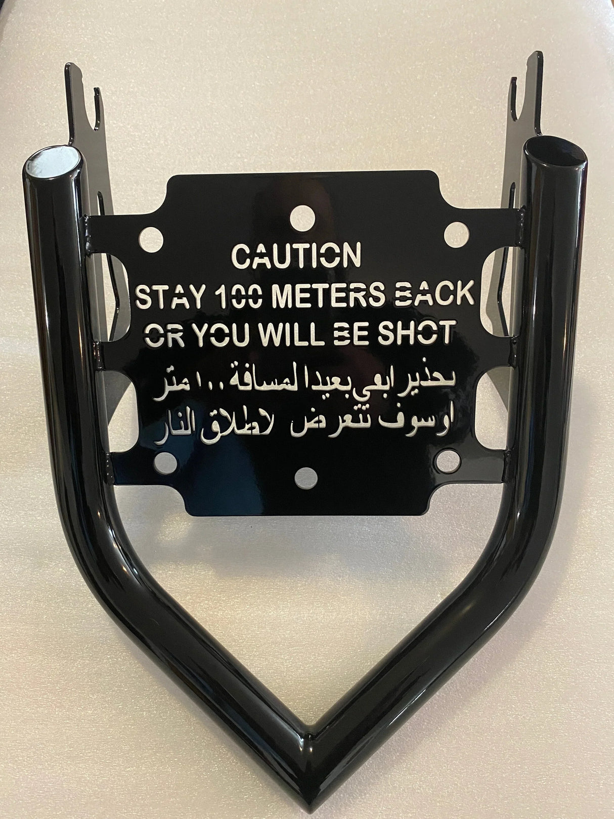 Siouxicide Choppers Touring Military Luggage Rack - Caution, Black, For 2009-Up Touring
