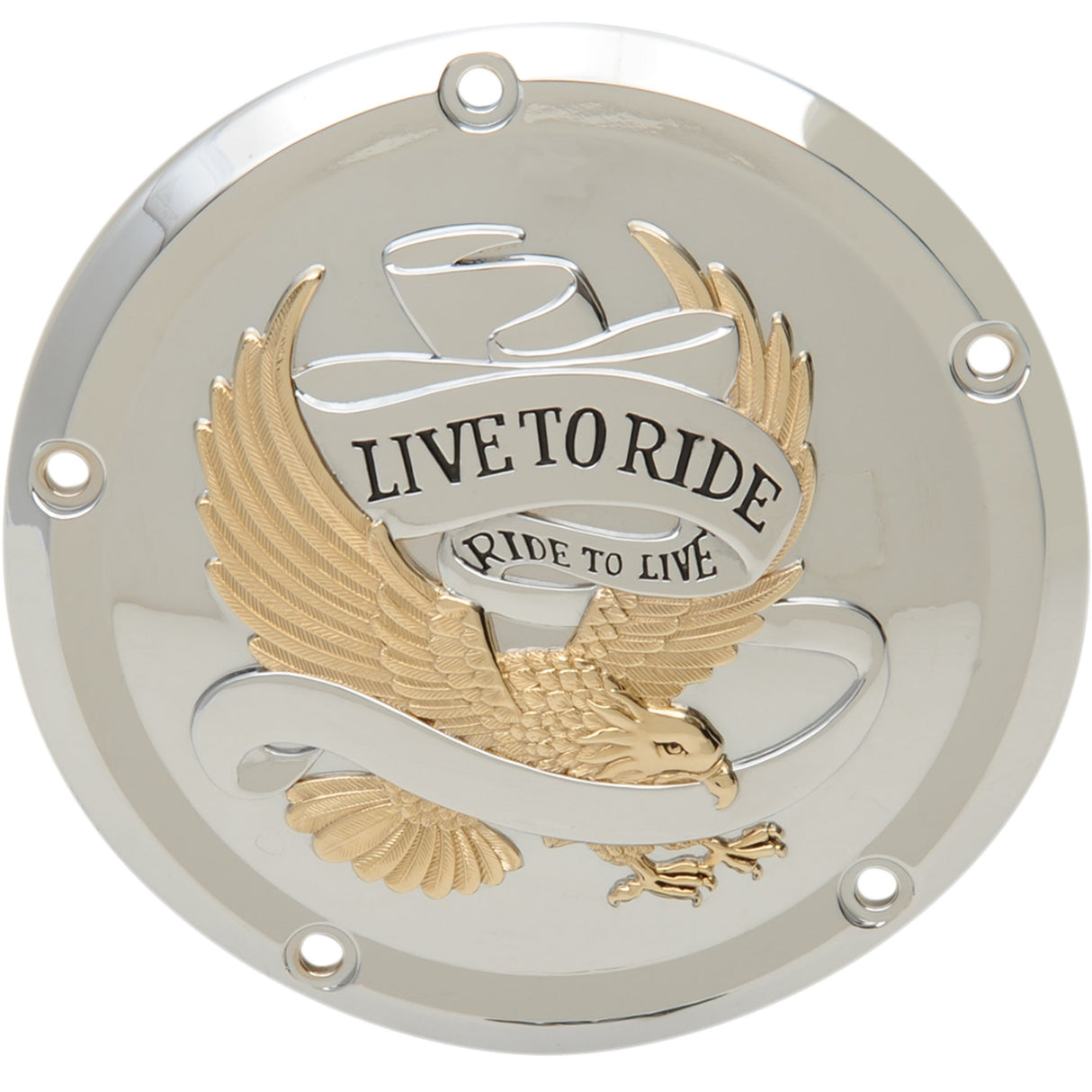 Drag Specialties Live to Ride Derby Cover 5-Hole Chrome With Gold Eagle For Harley Touring 2015-2026
