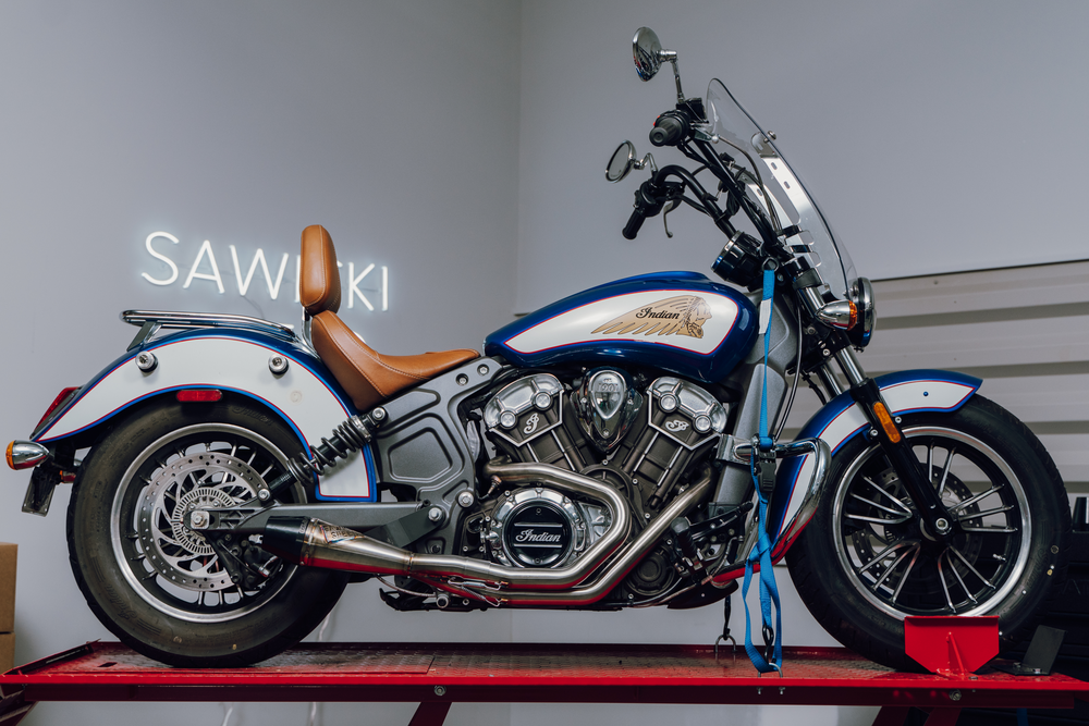 Sawicki Indian Scout Shorty Brushed SS With Black END CAP For Indian Scout 2015-2022