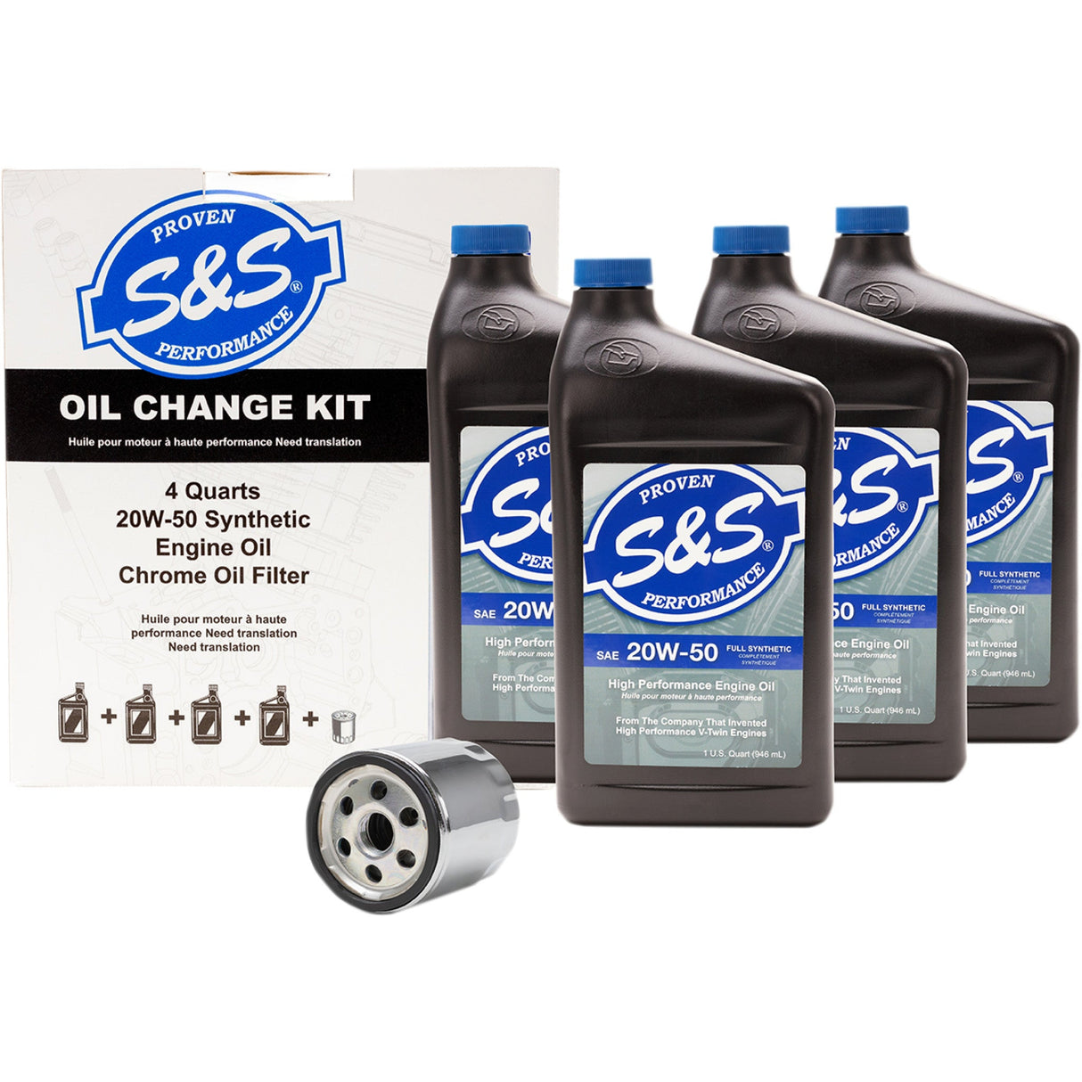 S&S Cycle Oil Change Kit Chrome Filter 4 US Quarts - 218942 For Harley Motorcycles 1999-2017