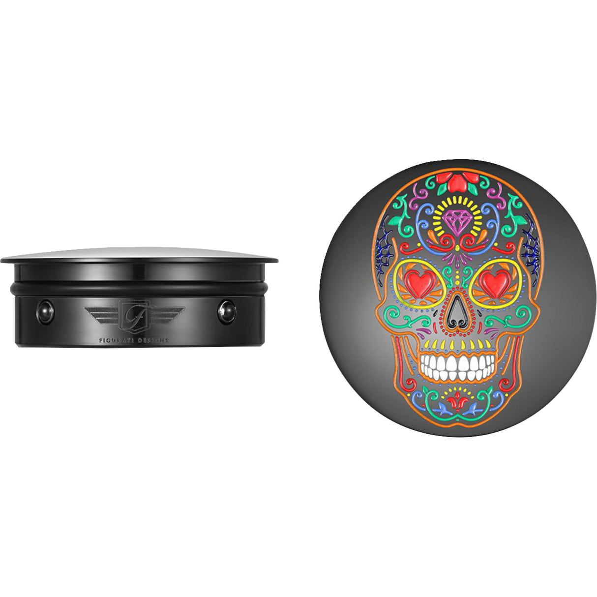 Figurati Designs Swing Arm Covers Sugar Skull Black - FD30-SAC-BLK For Harley Motorcycles 1980-2026