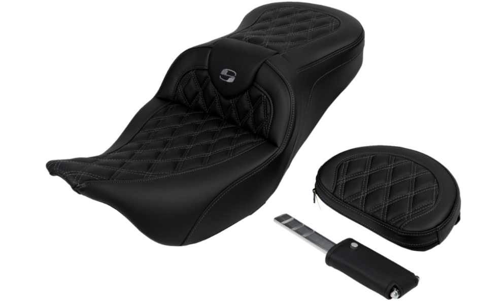 Saddlemen Roadsofa™ Lattice Stitch Seat With Backrest Dark Gray Stitch - 808-07B-182B2 For Harley Touring 2008-2025