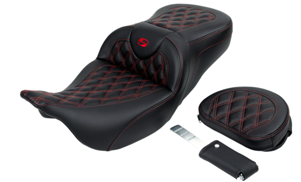 Saddlemen Roadsofa™ Lattice Stitch Seat With Backrest Red Stitch - 808-07B-182B4 For Harley Touring 2008-2025