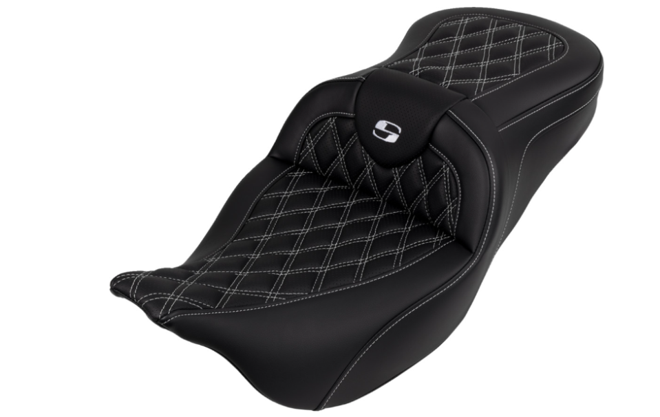 Saddlemen Roadsofa™ Lattice Stitch Seat With Backrest White Stitch - 808-07B-182B6 For Harley Touring 2008-2025