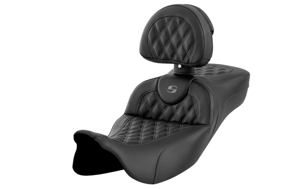 Saddlemen Roadsofa™ Extended Reach Seat Lattice Stitch Dark Gray Stitch With Backrest - 808-07B-184B2 For Harley Touring 2008-2025
