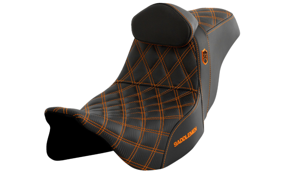 Saddlemen Pro Series SDC Performance Grip Seat With Backrest Orange Stitch - SC80807ORART For Harley Touring 2008-2024