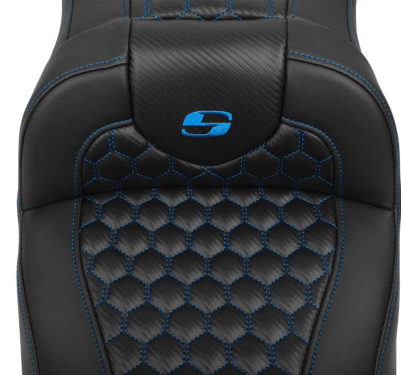 Saddlemen Roadsofa™ Extended Reach Seat With Backrest Honeycomb Blue Stitch - 823-07-190B1 For Harley Touring 2023-2026