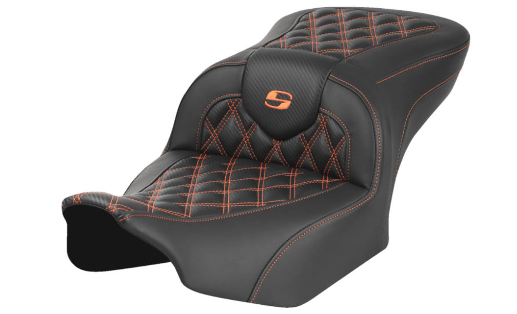 SADDLEMEN 0801-1782 823-07-20603 Roadsofa™ Lattice Stitch Seat without Backrest - Carbon Fiber - Orange Stitch - FLTR/FLHX 23-24