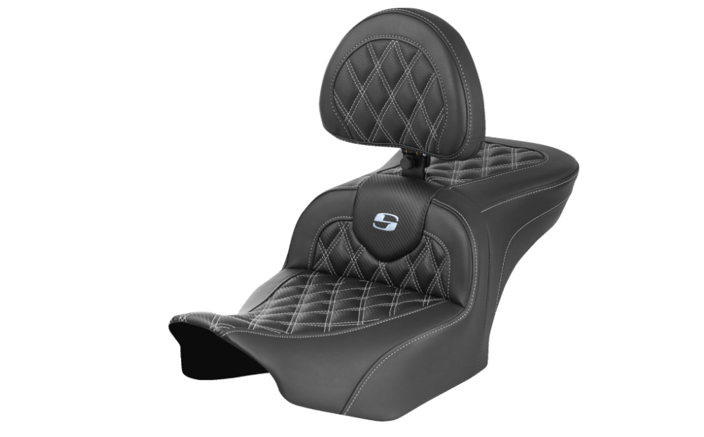 Saddlemen Roadsofa™ Lattice Stitch Seat With Backrest Carbon Fiber White Stitch - 823-07-206B6 For Harley Touring 2023-2026