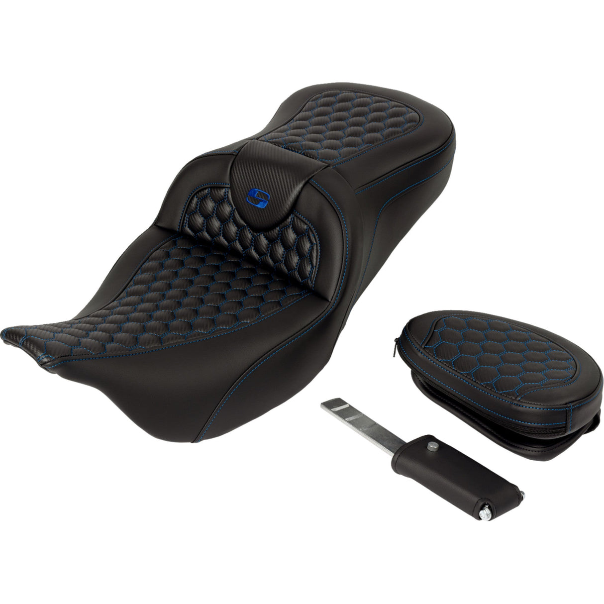 Saddlemen Honeycomb Roadsofa™ Seat Honeycomb Blue Stitch With Backrest - 808-07B-189B1 For Harley Touring 2008-2025