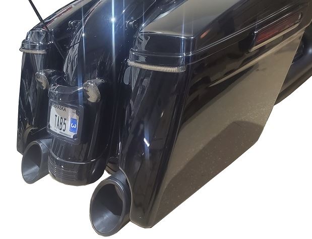 Tab Performance 121-2298-B-2.5 50 Cal 5 Inch Diameter Pipe Slip-On Mufflers 17-Up Harley Davidson Touring Black 2.5 Inch Louvered Core Baffles (Medium) 5 Inch Black Slash Cut Tip