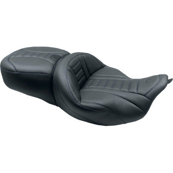 Mustang One-Piece Deluxe Touring Seat With Removable Backrest Option Black With Sky Blue Stitching - 79006SB For Harley Touring 2008-2025