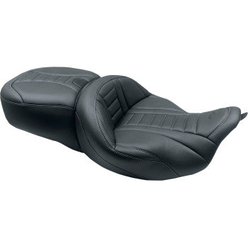 Mustang One-Piece Deluxe Touring Seat With Removable Backrest Option Black With Gun Metal Stitching - 79006GM For Harley Touring 2008-2025