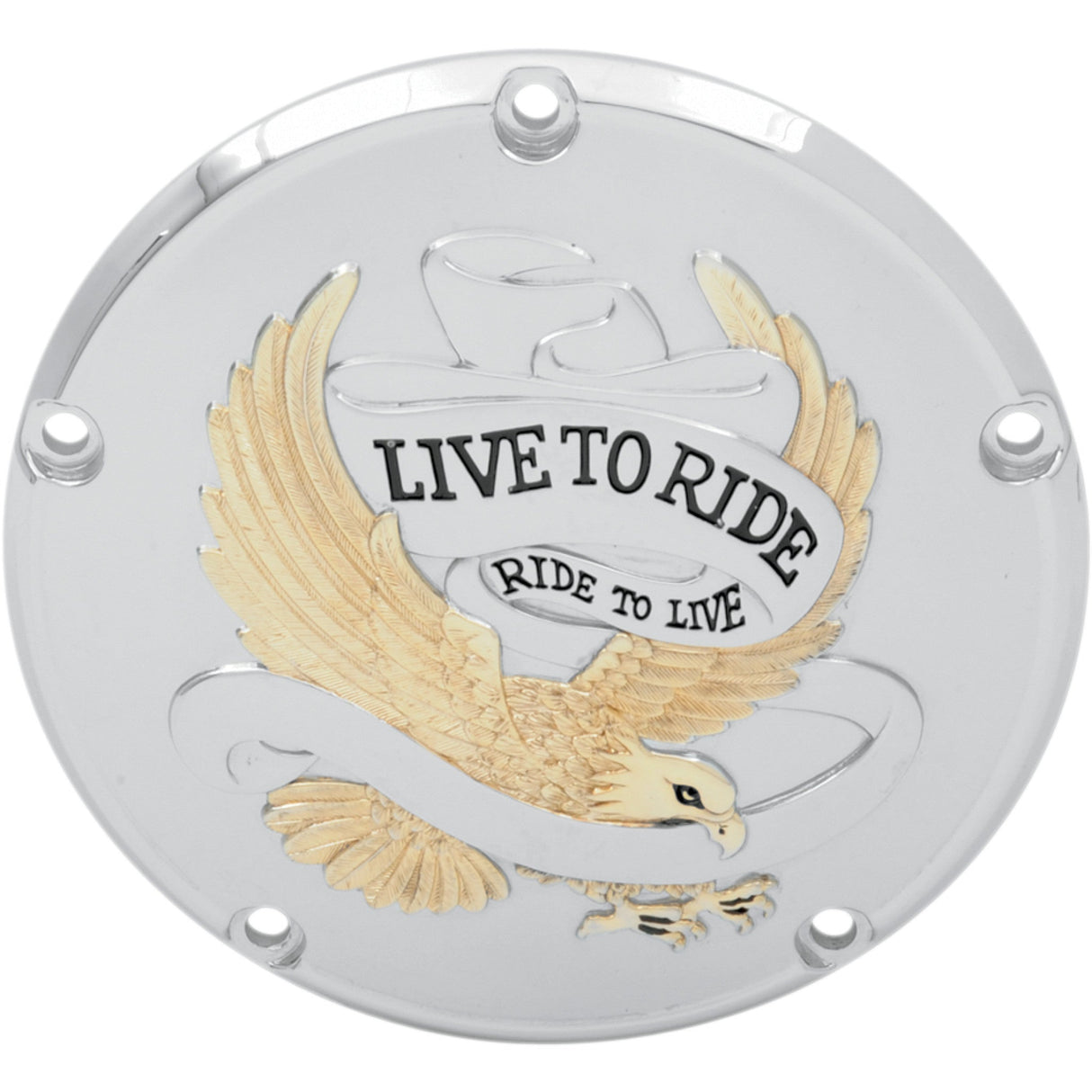 Drag Specialties Live to Ride Derby Cover 5-Hole Chrome With Gold Eagle Big Twin For Harley Motorcycles 1999-2018