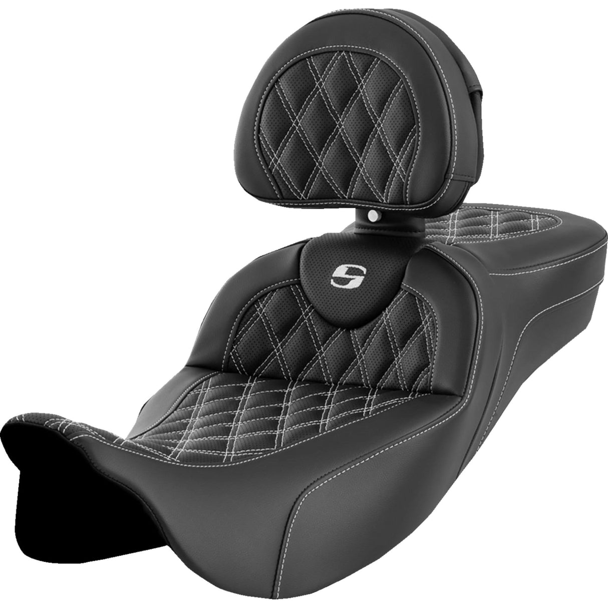Saddlemen Roadsofa™ Extended Reach Seat Lattice Stitch White Stitch With Backrest - 808-07B-184B6 For Harley Touring 2008-2025