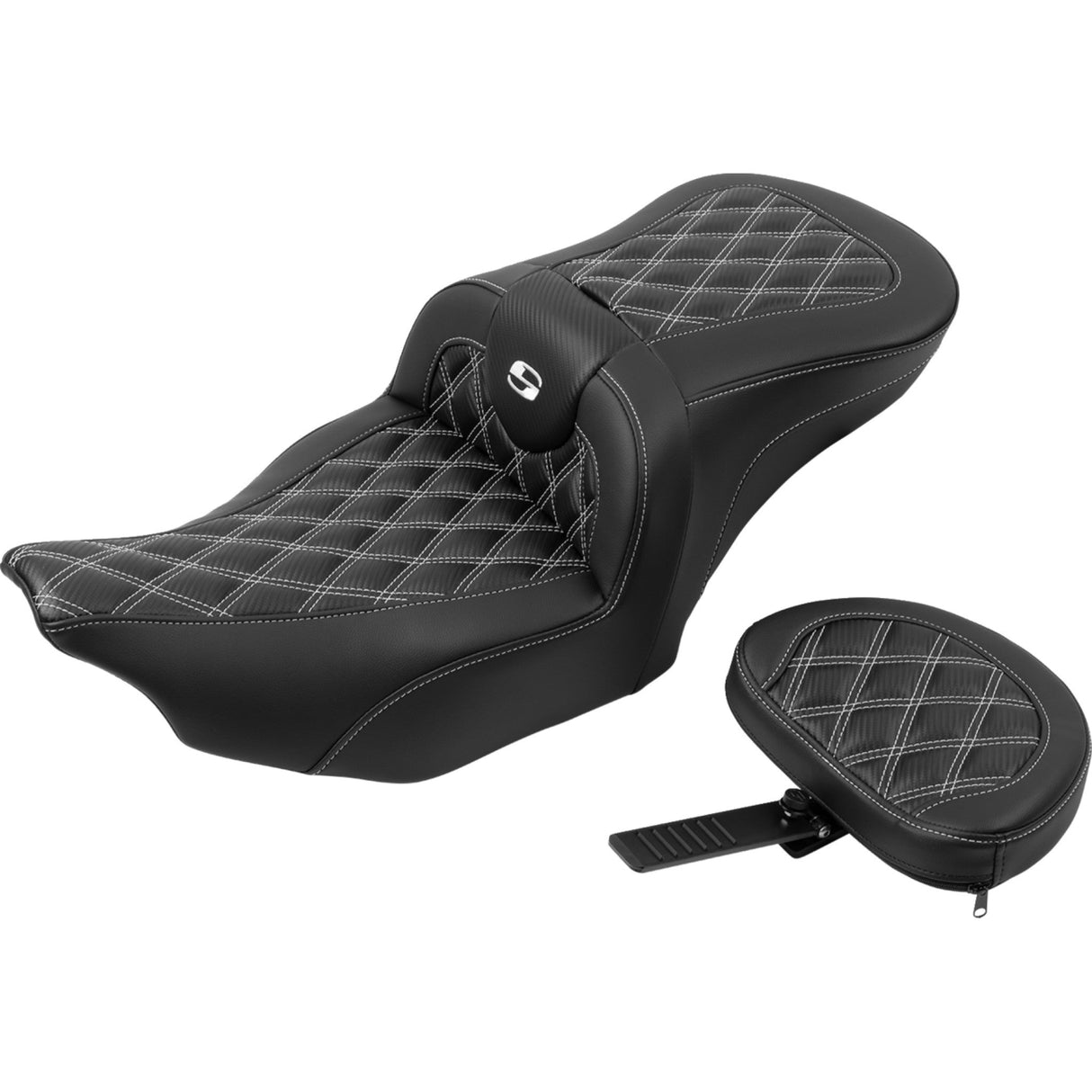 Saddlemen Roadsofa™ Lattice Stitch Seat With Backrest Carbon Fiber White Stitch - 823-07-206B6 For Harley Touring 2023-2026