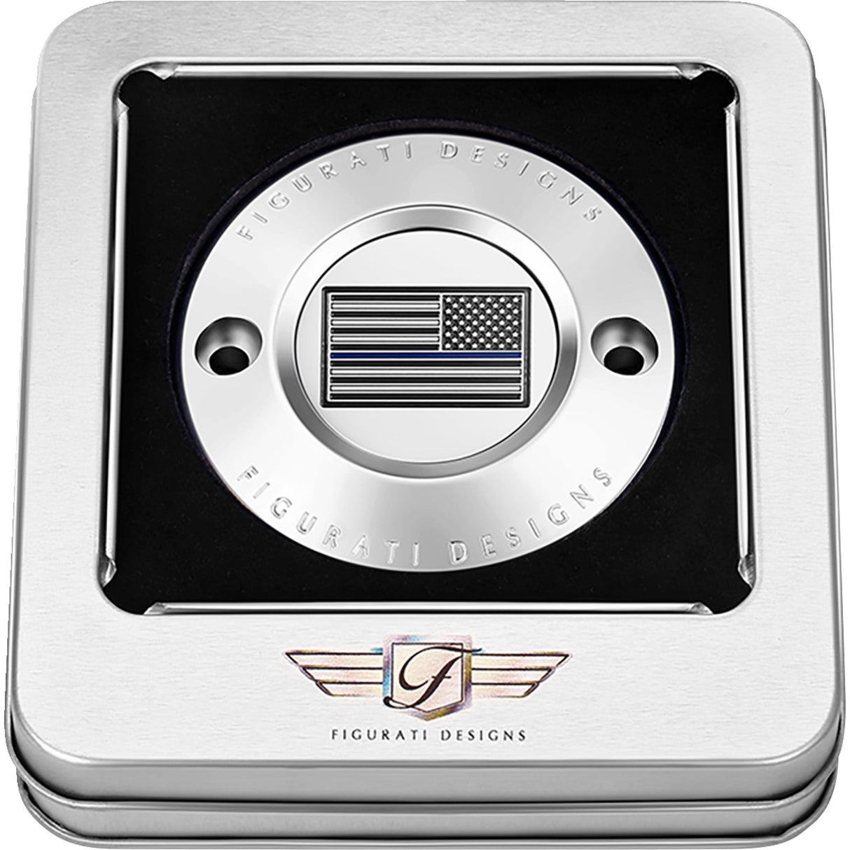 Figurati Designs Timing Cover 2 Hole Blue Line American Flag Stainless Steel - FD70-TC-2H-SS For Harley Motorcycles 2017-2022