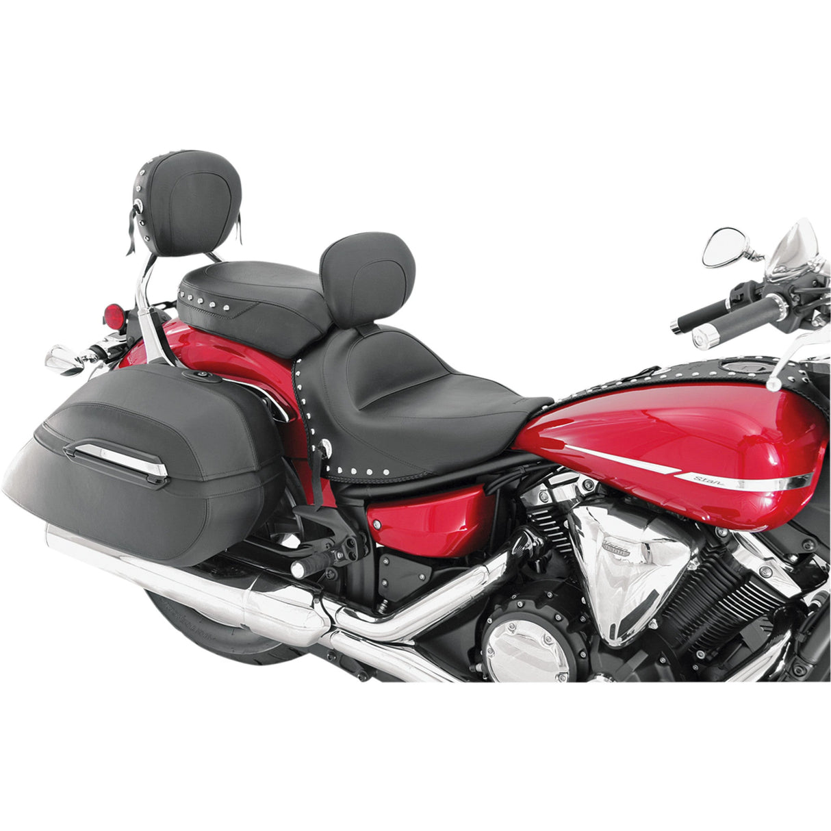 MUSTANG 0810-0538 79476 Wide Touring Seat with Driver Backrest Seat - Wide Touring - With Driver Backrest - Two-Piece - Chrome Studded - Black w/Conchos