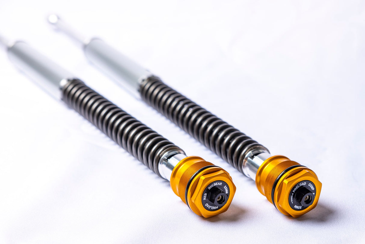 Big Bear Performance 29mm Cartridge Kit For Harley Dyna Gold Caps, With Ohlins Fork Oil, 250-350 lb Rider, 2 in Over - DYNA-29MM-CARTRIDGE-BBP