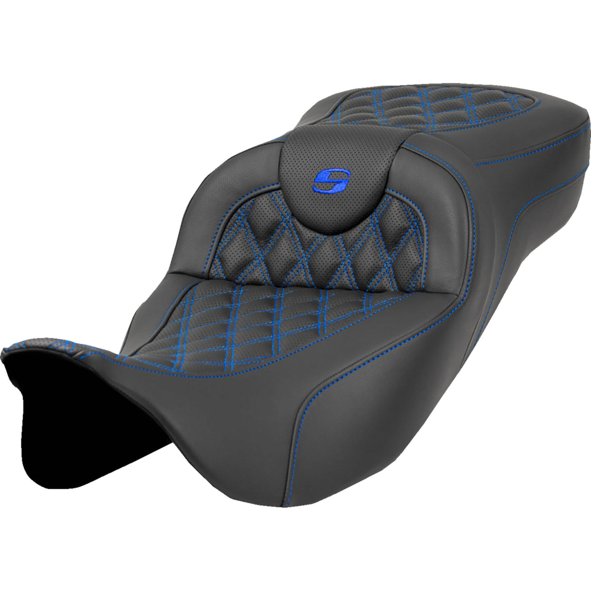 Saddlemen Extended Reach RoadSofa™ Seat Lattice Stitch Blue Stitch Without Backrest - 808-07B-18401 For Harley Touring 2008-2025