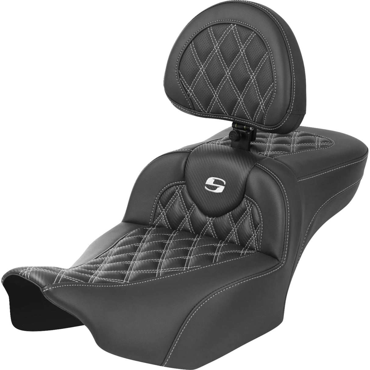 Saddlemen Roadsofa™ Extended Reach Seat With Backrest Lattice Stitch White Stitch - 823-07-207B6 For Harley Touring 2023-2026