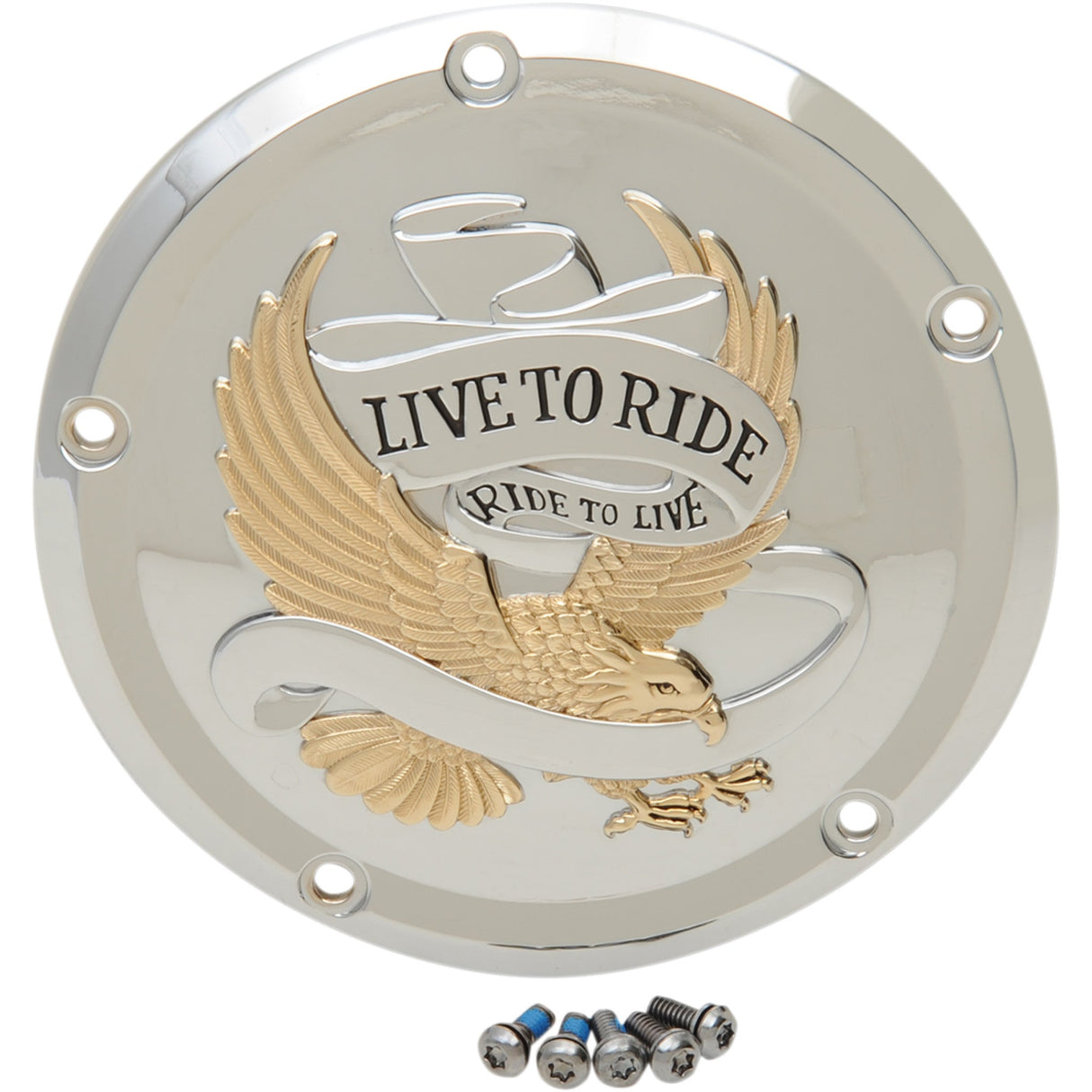 Drag Specialties Live to Ride Derby Cover 5-Hole Chrome With Gold Eagle For Harley Touring 2015-2026