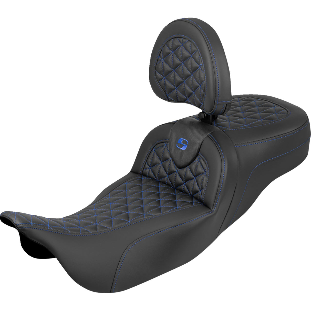 Saddlemen RoadSofa™ Tri Gripper Seat Standard Reach Blue Stitch W Backrest Flh Flt - 808-07B-211B1 For Harley Touring 2008-2025