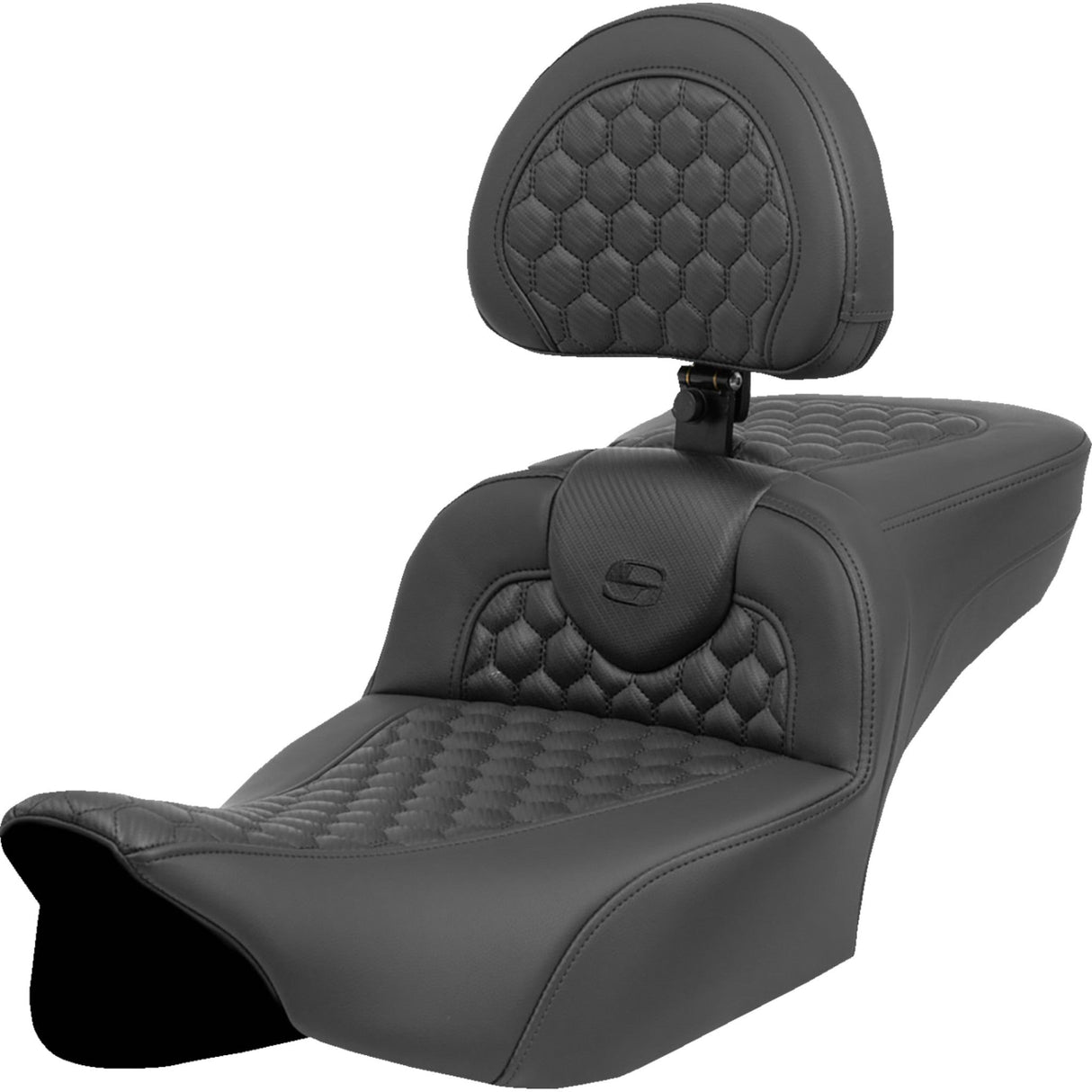 SADDLEMEN 0801-2047 823-07-190C0 Roadsofa™ Extended Reach Heated Seat Heated RoadSofa™ Seat - Extended Reach - Honeycomb Stitch - w/ Backrest - FLT/FLH ’23-‘24
