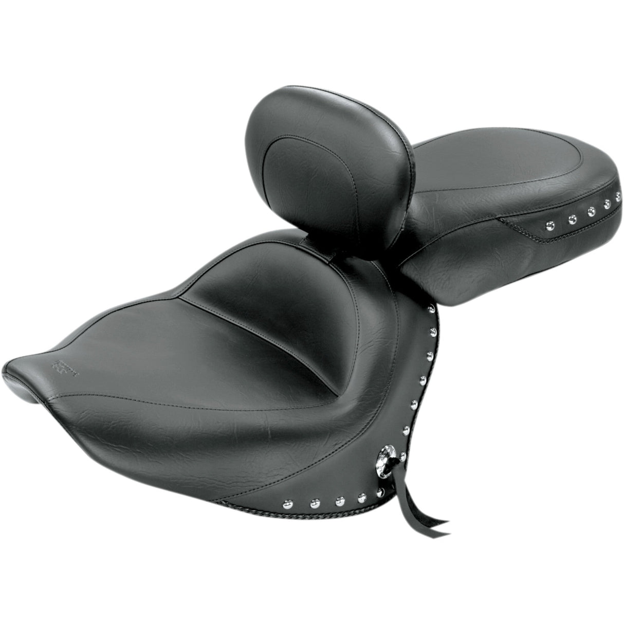 MUSTANG 0810-0538 79476 Wide Touring Seat with Driver Backrest Seat - Wide Touring - With Driver Backrest - Two-Piece - Chrome Studded - Black w/Conchos