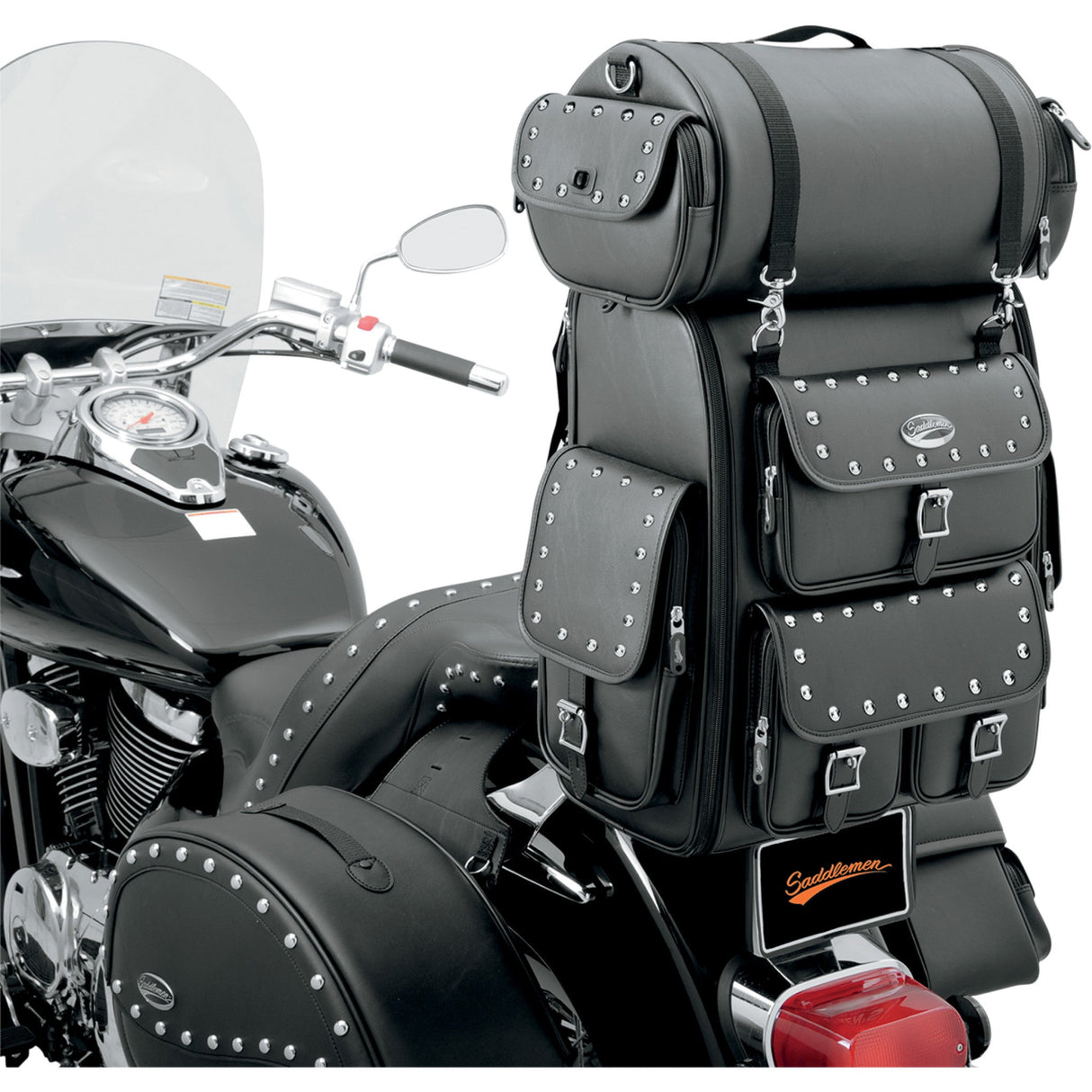 SADDLEMEN 3515-0097 EX000263 EX2200S Sissy Bar Bag with Studded Roll Bag Sissy Bar Bag - Desperado - Black Studded