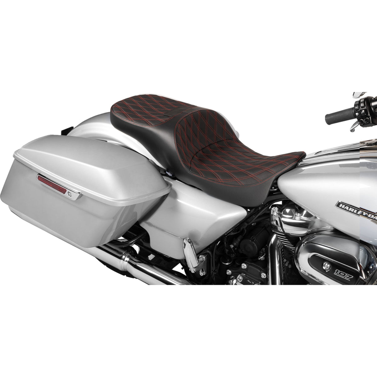 DRAG SPECIALTIES SEATS 0801-1982 Extended Reach Freedom Touring Seats Extended Reach Freedom Seat - Vinyl - Double Diamond - Red Stitch - FLT/FLH '09-'24