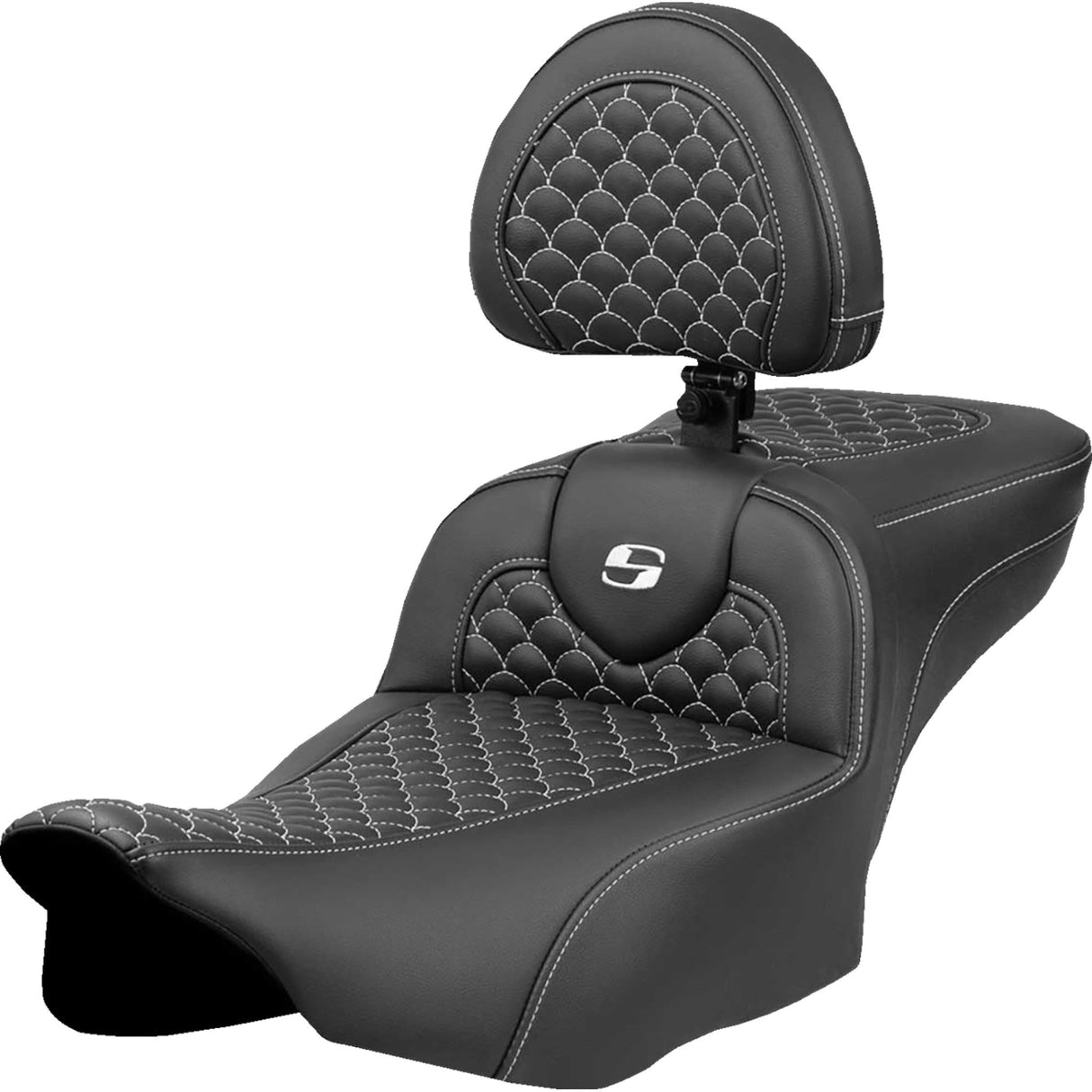 SADDLEMEN 0801-2089 823-07-209B6 Dragon Scale Stitch Roadsofa™ Seat Roadsofa™ Extended Reach Seat - Dragon Scale Stitch - White Stitch - w/ Backrest - FLTR/FLHX '23-'24