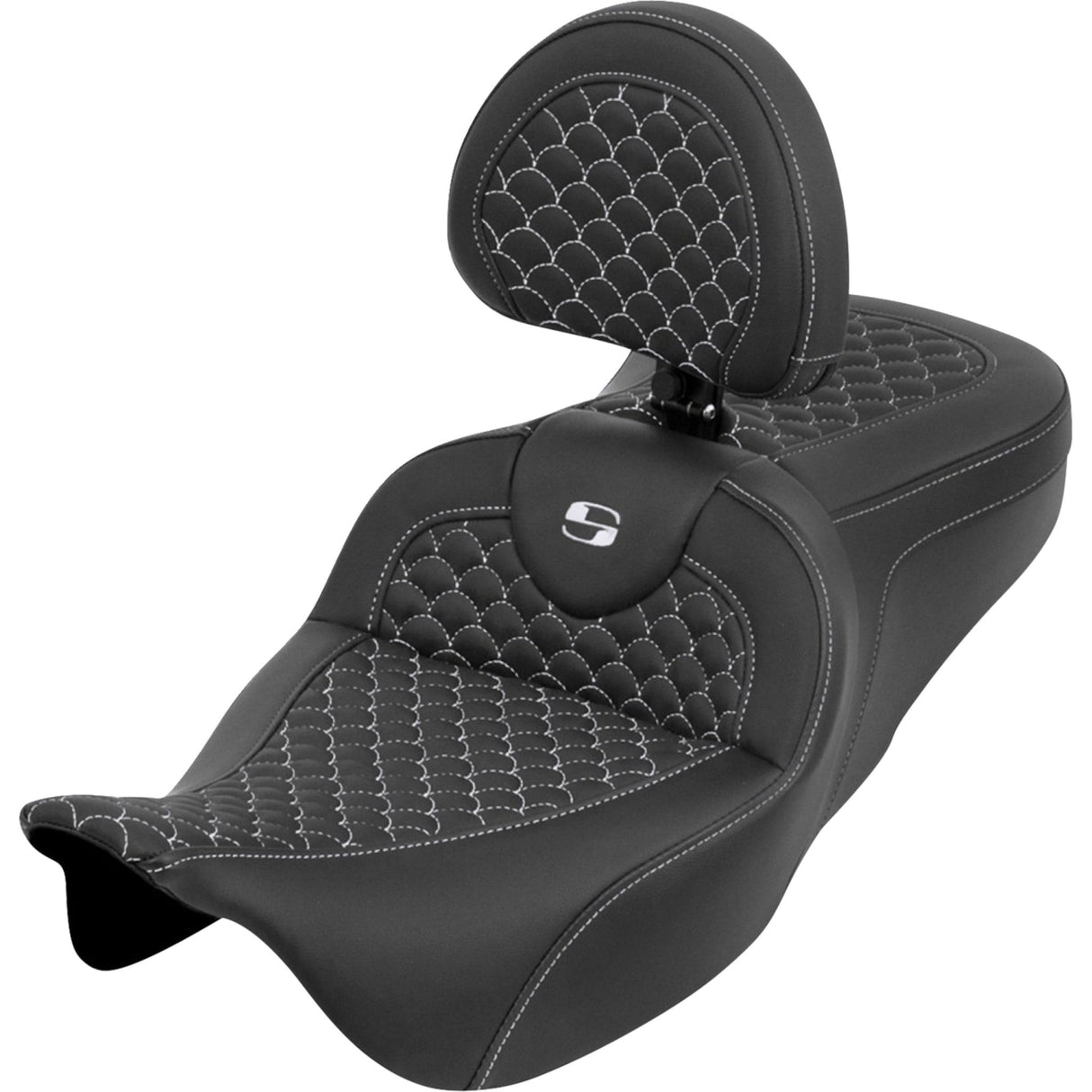 Saddlemen Dragon Scale Stitch RoadSofa™ Seat White Stitch With Backrest - 808-07B-208B6 For Harley Touring 2008-2024