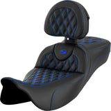 Saddlemen Roadsofa™ Extended Reach Seat Lattice Stitch Blue Stitch With Backrest - 808-07B-184B1 For Harley Touring 2008-2025