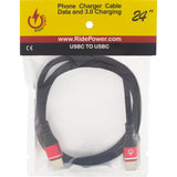 RIDEPOWER 3807-0712 RPUSBCUSBC24 24" Male USB-C to Male USB-C Data and 3.0 Fast Charging Phone Charger Cable Male USB-C to Male USB-C Cable - Phone - Fast/Charger - 24" - Black/Red