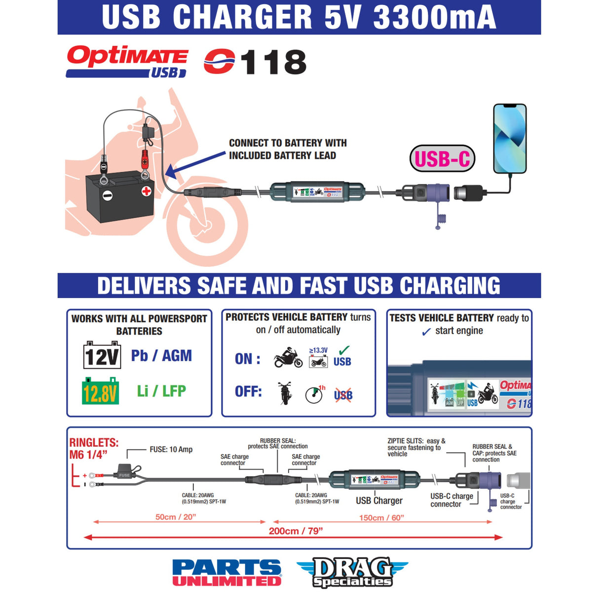 TECMATE 3807-0664 O-118 Battery to USB-C Charger with sae