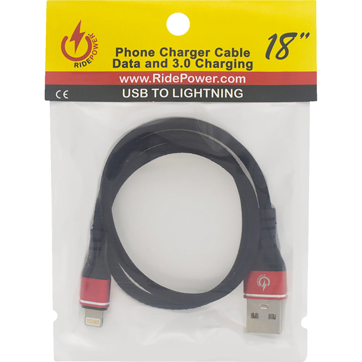 RIDEPOWER 3807-0715 RPUSBLHT18 18" Male USB to Male Lightning Phone Charging Cable 3.0 Male USB to Male Lightning Cable - Phone - Charger - 18" - Black/Red