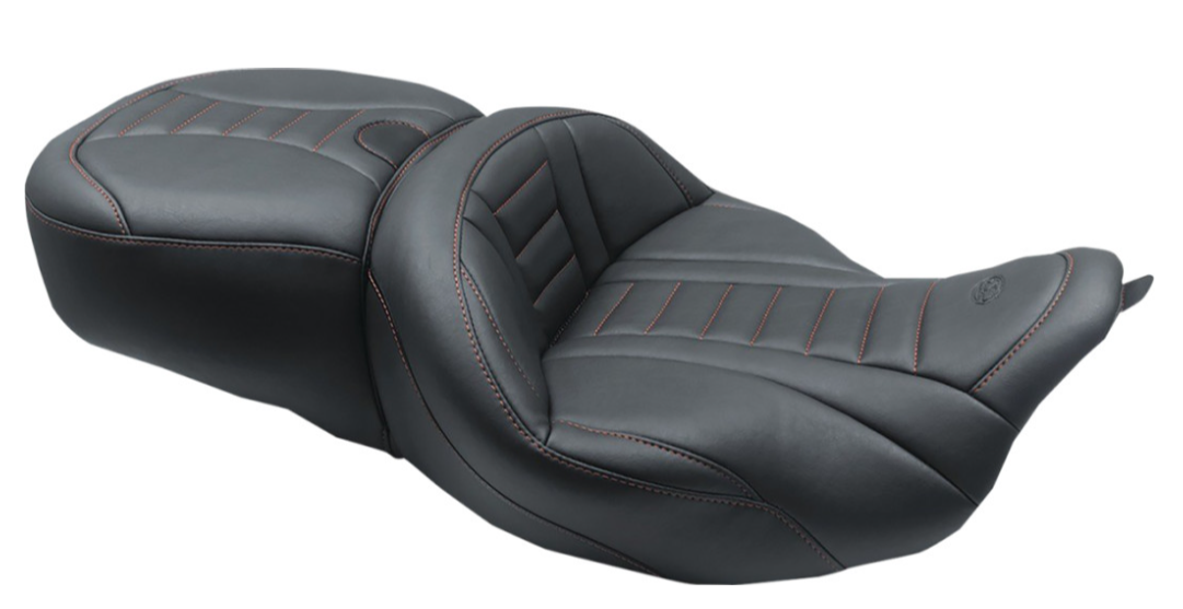 Mustang One-Piece Deluxe Touring Seat With Removable Backrest Option Black With American Beauty Red Stitching - 79006AB For Harley Touring 2008-2025