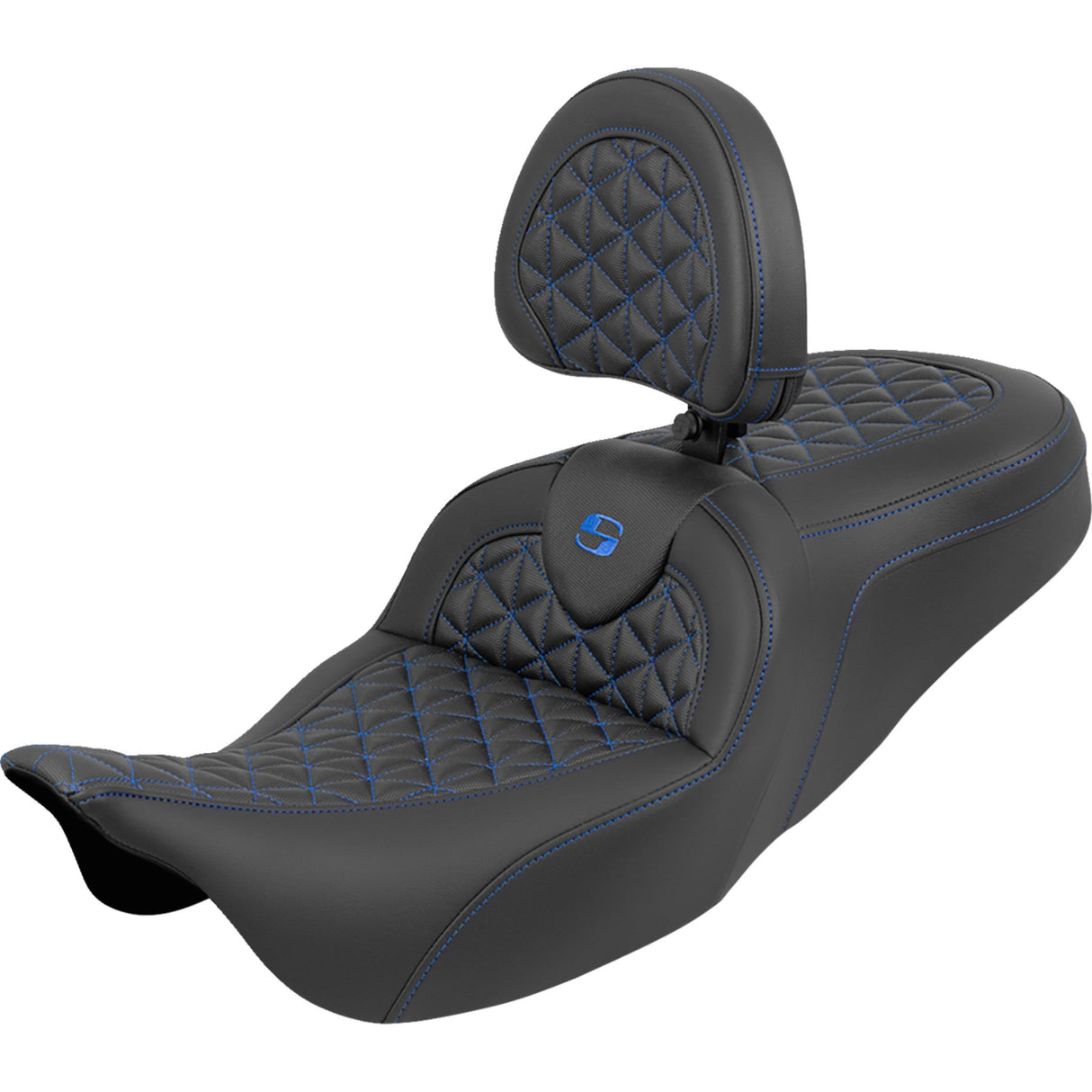 Saddlemen RoadSofa™ Tri Gripper Seat Standard Reach Blue Stitch W Backrest Flh Flt - 808-07B-210B1 For Harley Touring 2008-2025