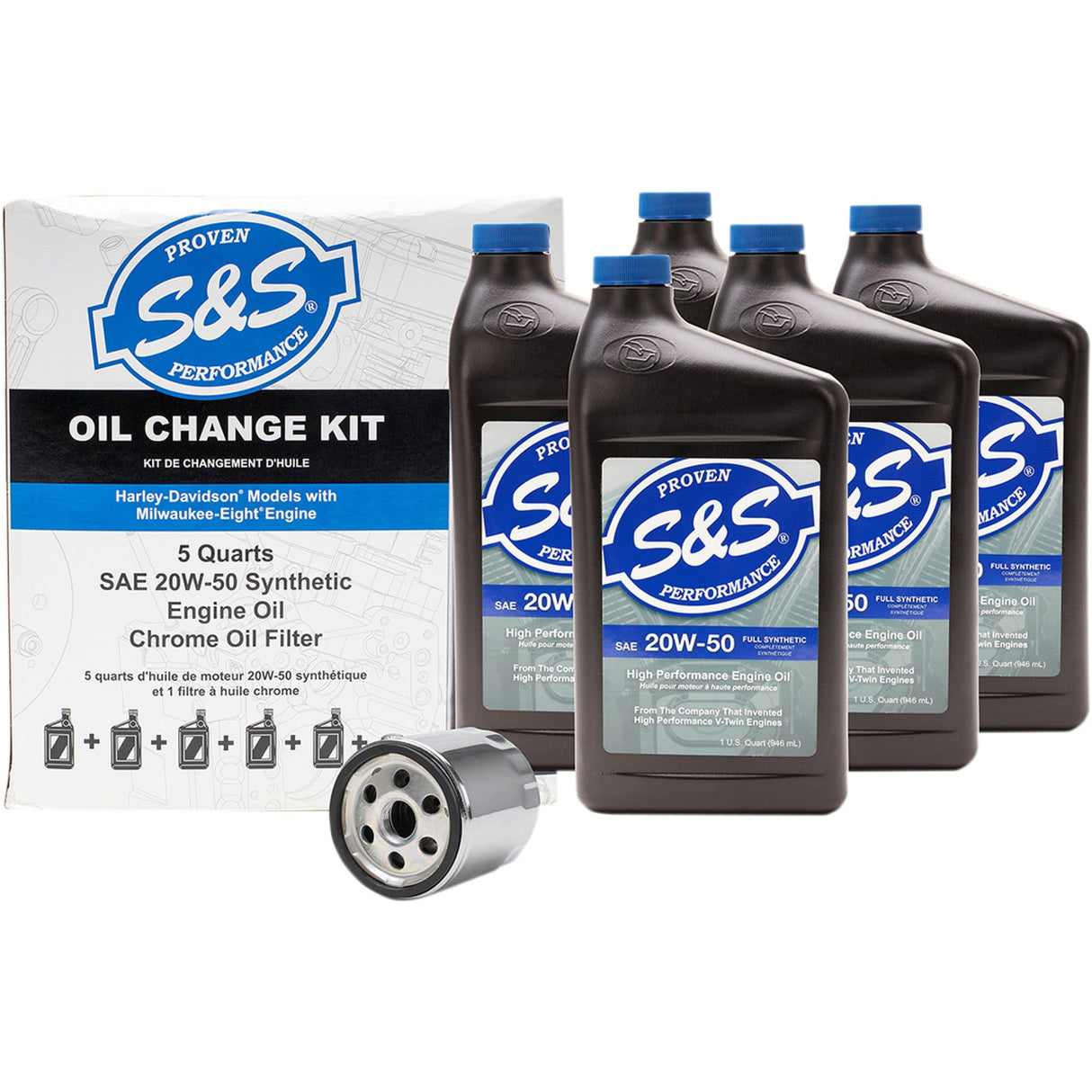 S&S Cycle Oil Change Kit Chrome Filter M8 5 US Quarts - 218944 For Harley Motorcycles 2017-2026