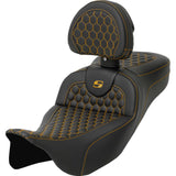 Saddlemen Honeycomb Roadsofa™ Seat Honeycomb Gold Stitch With Backrest Extended Reach - 808-07B-190B7 For Harley Touring 2008-2025