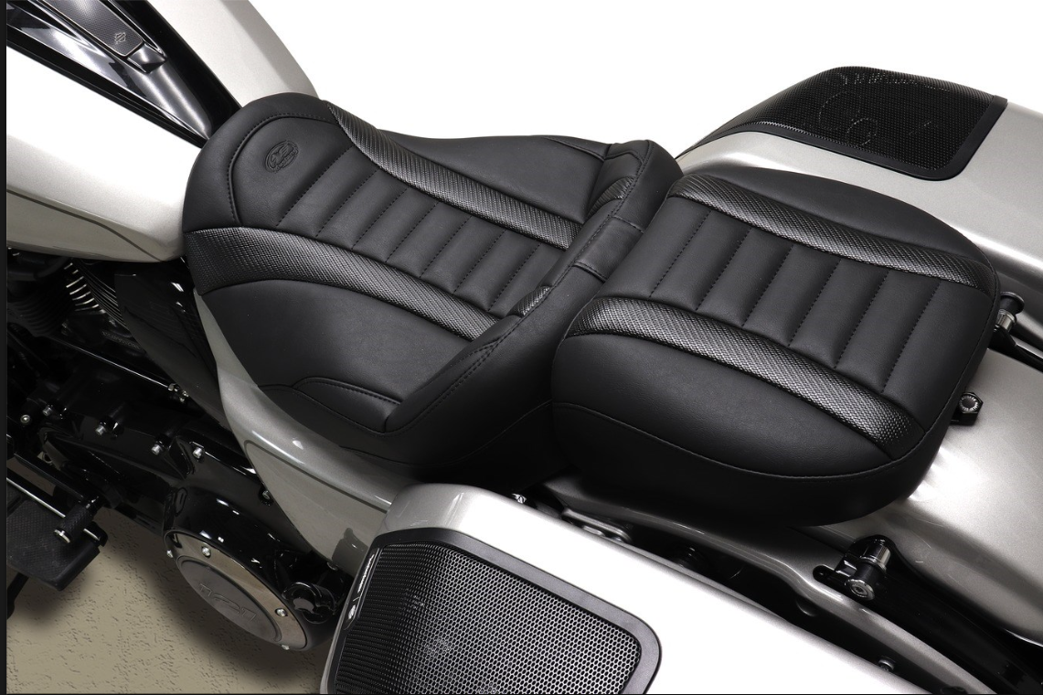 Mustang Deluxe Touring Passenger Seat Black Stitch Carbon Fiber Inlay - 88402 For Harley Touring 2023-2026