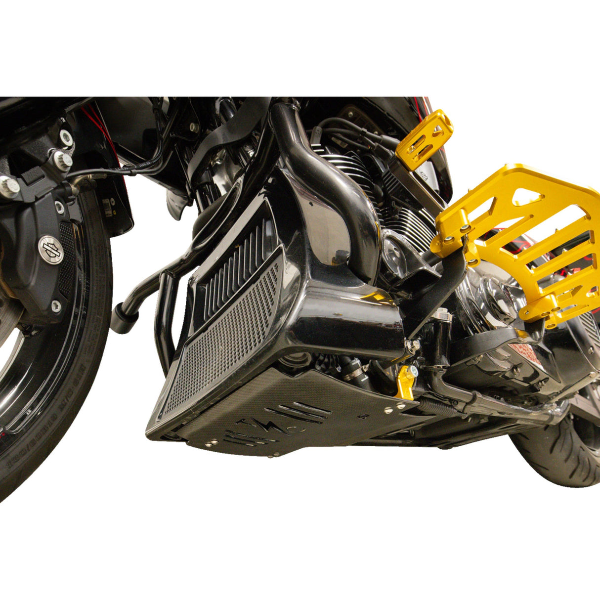 Thrashin Supply CO. Carbon Fiber Skid Plate Gloss With Gold Brackets - TSC-3034-5 For Harley Touring 2023-2026