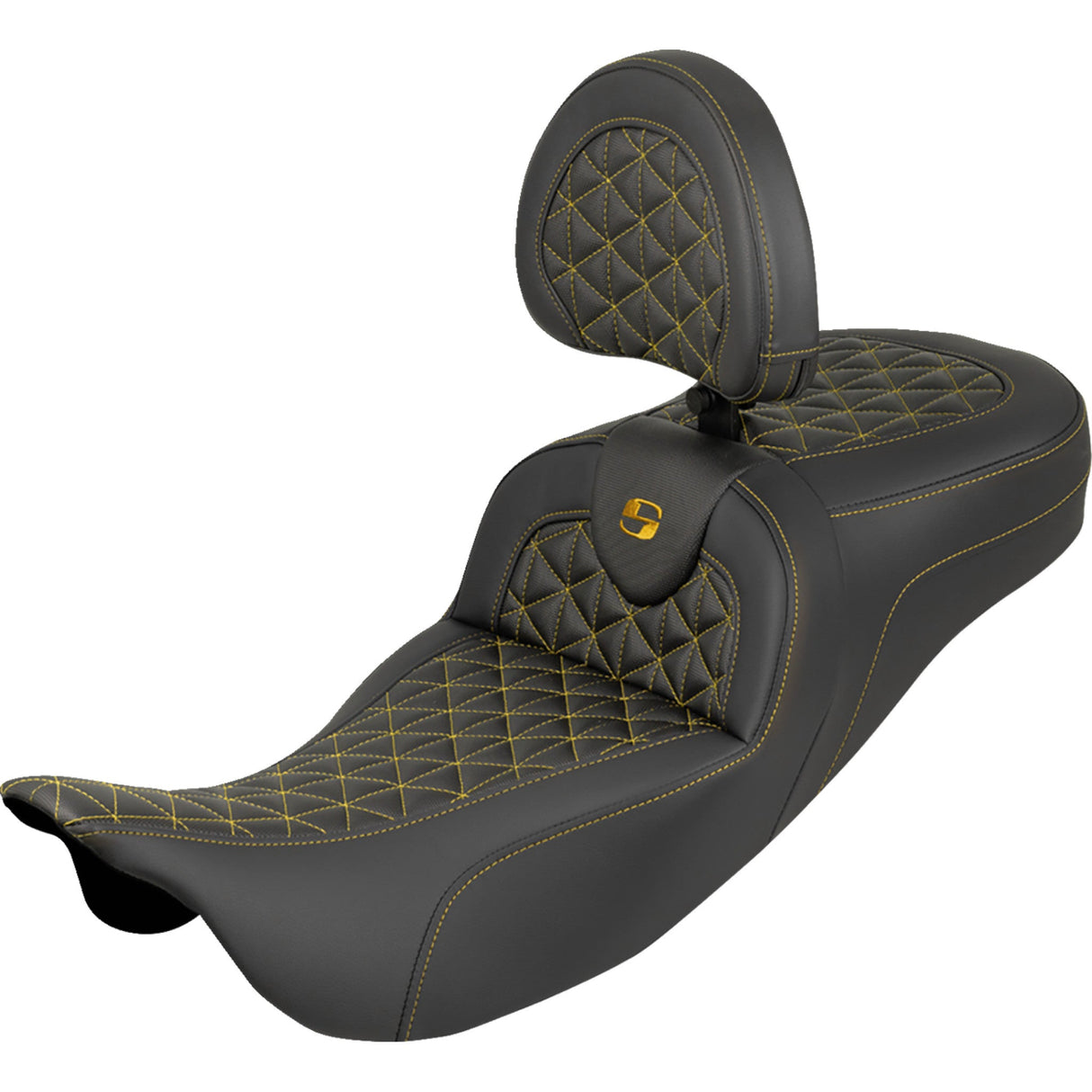 Saddlemen RoadSofa™ Tri Gripper Seat Standard Reach Gold Stitch W Backrest Flh Flt - 808-07B-211B7 For Harley Touring 2008-2025